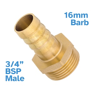 May include: Brass 3/4" BSP male to 16mm barb hose connector. The connector is made of brass and has a 3/4" BSP male thread on one end and a 16mm barb on the other end.
