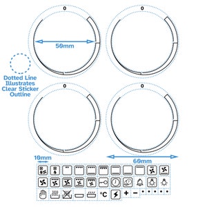 Pode incluir: Quatro modelos de botões de forno em preto e branco com um contorno de linha pontilhada. Os botões têm um diâmetro de 50 mm e estão separados por 60 mm. A imagem também inclui uma grade de símbolos para um painel de controle de forno, incluindo símbolos para temperatura, temporizador e várias funções de cozimento.