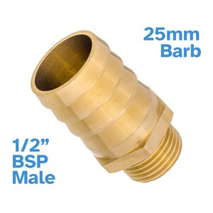 May include: A brass 1/2" BSP male to 25mm barb fitting. The fitting has a threaded end and a barbed end for connecting hoses.