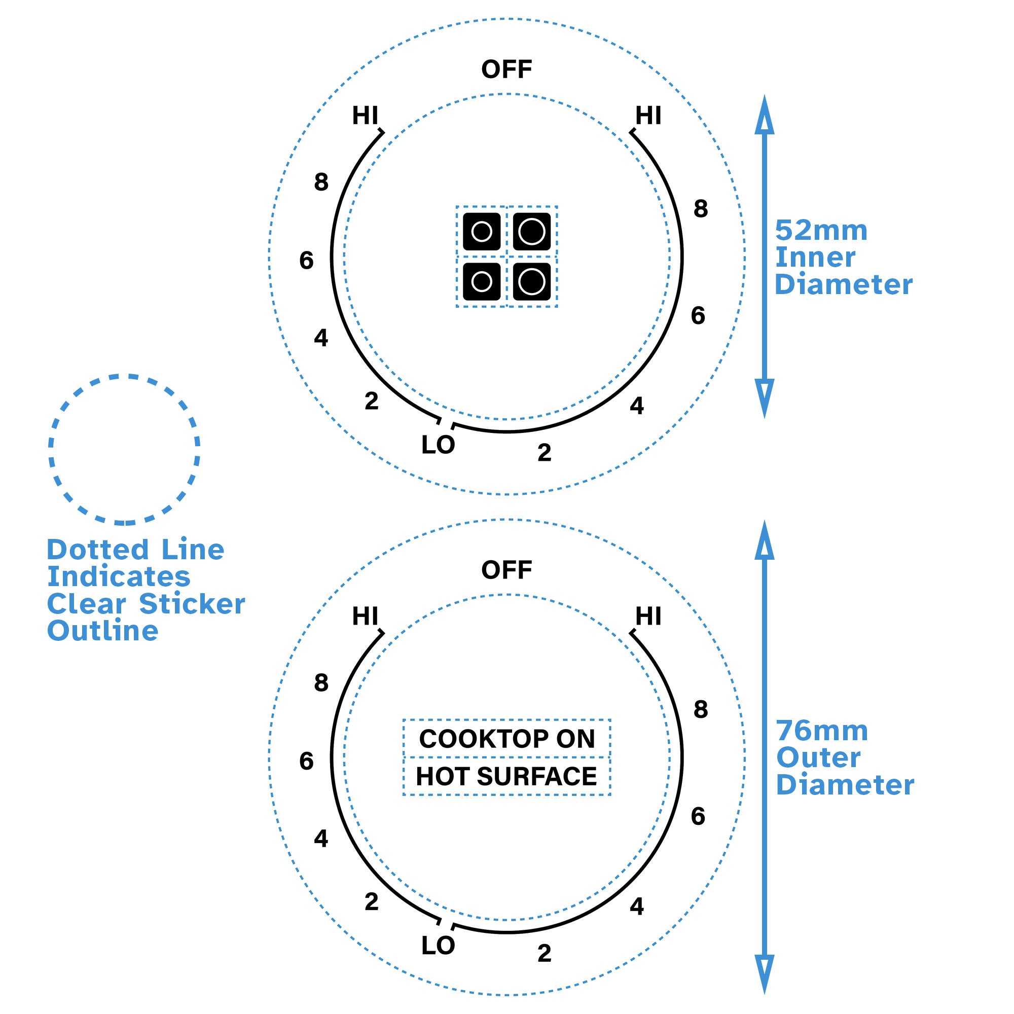 2 Dials Hi-Lo-Hi Cooktop Burner Self Adhesive Label Black Print Clear Back For Samsung - Hob Knob Switch Oven Stickers Replacement Gas Stove