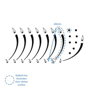 May include: A white background features a black graphic of stylized candles with flames. A dotted line illustrates the clear sticker outline. The candles are 4.8cm in height.