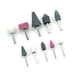 10pcs 11mm - 25mm Stone Ceramic Burr Head 3mm 6mm Shank Polish Polishing Sharpen Buffer Mounted Power Rotary Drill Bit Tip Tipped Tool Set