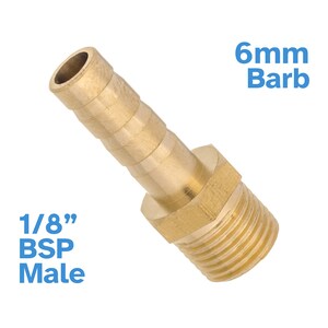 May include: A brass 1/8" BSP male fitting with a 6mm barb. The fitting is designed to connect a 6mm hose to a 1/8" BSP threaded pipe.