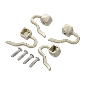 May include: Four silver-toned metal hooks with square bases and a curved hook design. The hooks are accompanied by five silver screws.