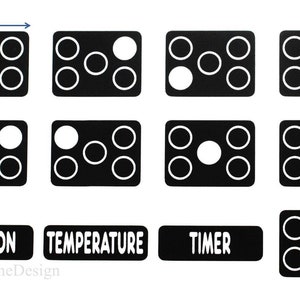 Plaques de cuisson 5 et 6 Texte blanc sur film transparent Étiquettes auto-adhésives Fonction de l'interrupteur à cadran Symboles de température Autocollants pour four Table de cuisson électrique