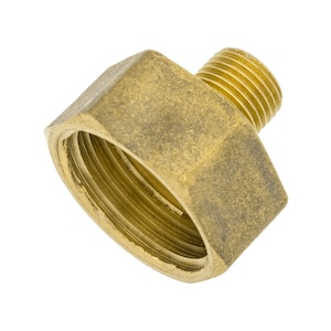 May include: Brass plumbing fitting with a threaded end and a female threaded opening. The fitting is a reducer, meaning it reduces the size of the pipe connection.