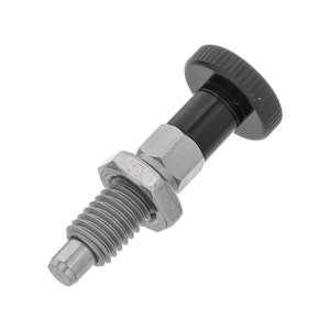 Puede incluir: Un pasador de conexión rápida de resorte negro y plateado con una perilla moleteada. El pasador está roscado y tiene una tuerca hexagonal.