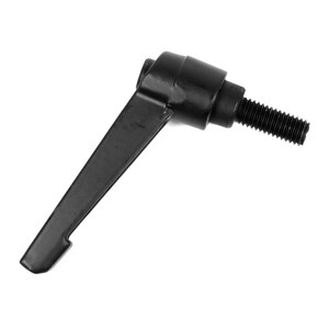 Puede incluir: Manija de palanca de metal negro con un eje roscado. La manija está diseñada para apretar y aflojar objetos.