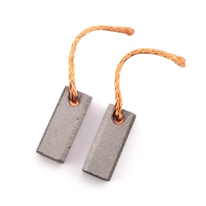 May include: Two gray carbon brushes with copper wire leads. The brushes are rectangular and have a slightly rounded edge. The wires are attached to the brushes with a small metal loop.