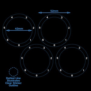 Op de afbeelding: Vier transparante stickercirkels met gestippelde lijnen die de randen omlijsten. Elke cirkel heeft de nummers 0-6 rond de rand. De cirkels hebben een diameter van 42 mm en 52 mm.
