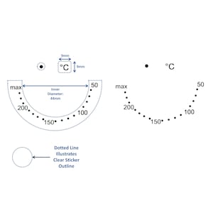 May include: A diagram showing a clear sticker with a temperature scale in degrees Celsius. The scale goes from 0 to 200 degrees. The sticker is 44mm in diameter. A dotted line illustrates the outline of the sticker.