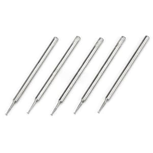 May include: Set of five silver-colored diamond burrs for use with a rotary tool. The burrs have different shapes and sizes.
