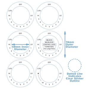May include: Diagram of a stovetop burner control knob with a 50mm inner diameter and a 74mm outer diameter. The knob has a dotted line outline, indicating a clear sticker. The knob has markings for "Lite", "Hi", "Lo", and "Off". The knob also has markings for "Lock", "Unlock", "Control Lock", "Turbo Boil", and "For Large Pans".