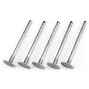 May include: Set of six silver diamond-coated grinding bits with a flat, round head and a long, thin shaft.