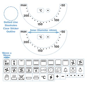 Pode incluir: Um botão de controle de forno preto e branco com um contorno de linha pontilhada. O botão tem uma temperatura máxima de 500 graus Fahrenheit. O botão também tem uma escala de temperatura em Celsius. O botão tem um diâmetro de 4,4 polegadas. A imagem também mostra uma variedade de símbolos de forno, incluindo um floco de neve, um ventilador, um relógio e uma lâmpada.