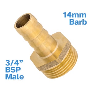 May include: Brass 3/4" BSP male hose connector with a 14mm barb. The connector is made of brass and has a threaded end for connecting to a pipe or fitting.
