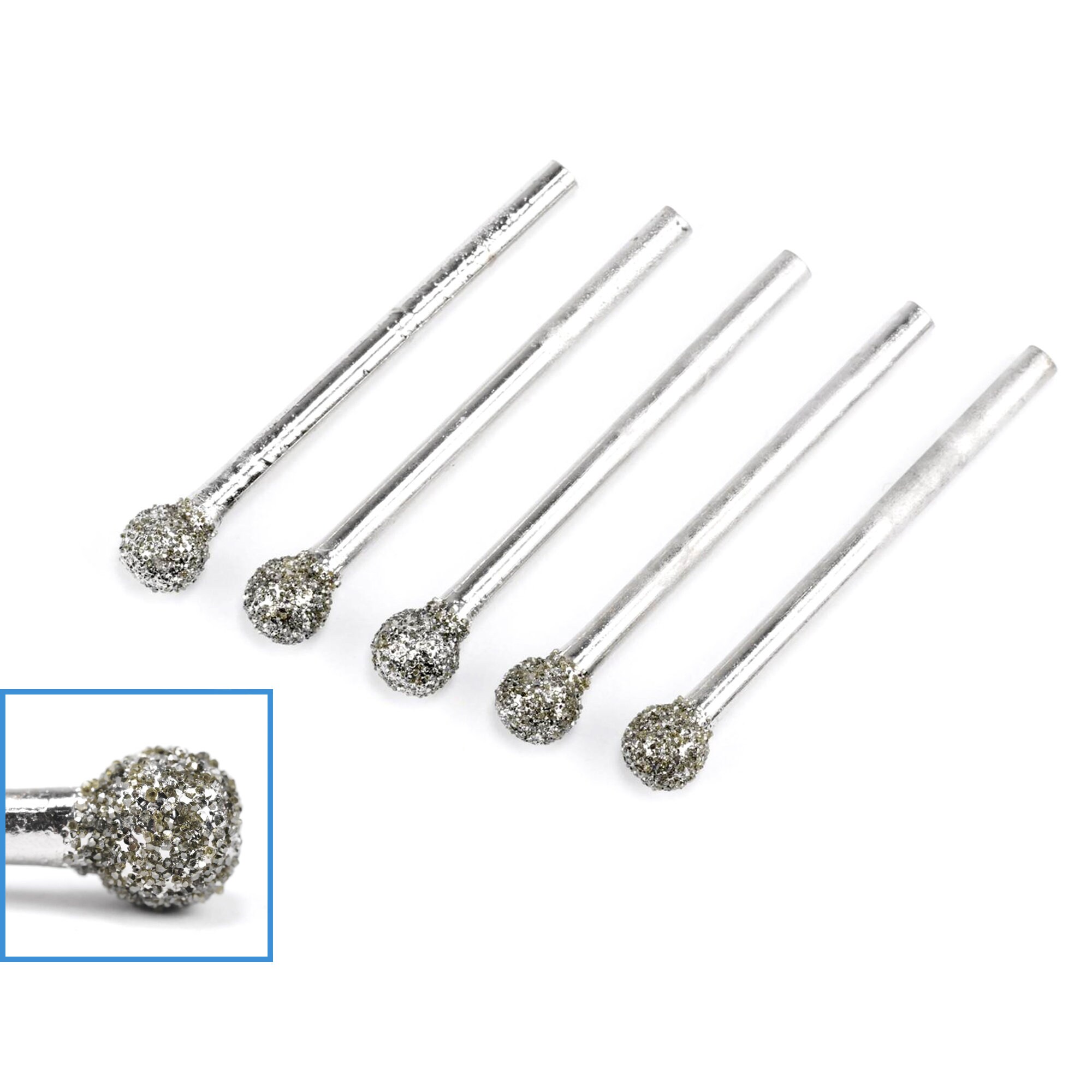 5pcs 50 Grit 6mm Ball Head Diamond Burrs Coarse 3mm Shank Polishing Grinding Gem Stone Mounted File Tip Tipped Rotary Drill Bit Tool Set