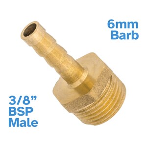 May include: A brass 3/8" BSP male to 6mm barb hose connector. The connector has a threaded end and a barb end for connecting to a hose.