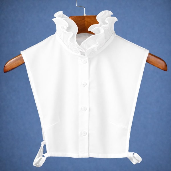 White Ruffle Classic Satin False Upright Collar Design For Women Girls Ladies Collared Button Turtle Neck Top Blouse Turtleneck Shirt Bust