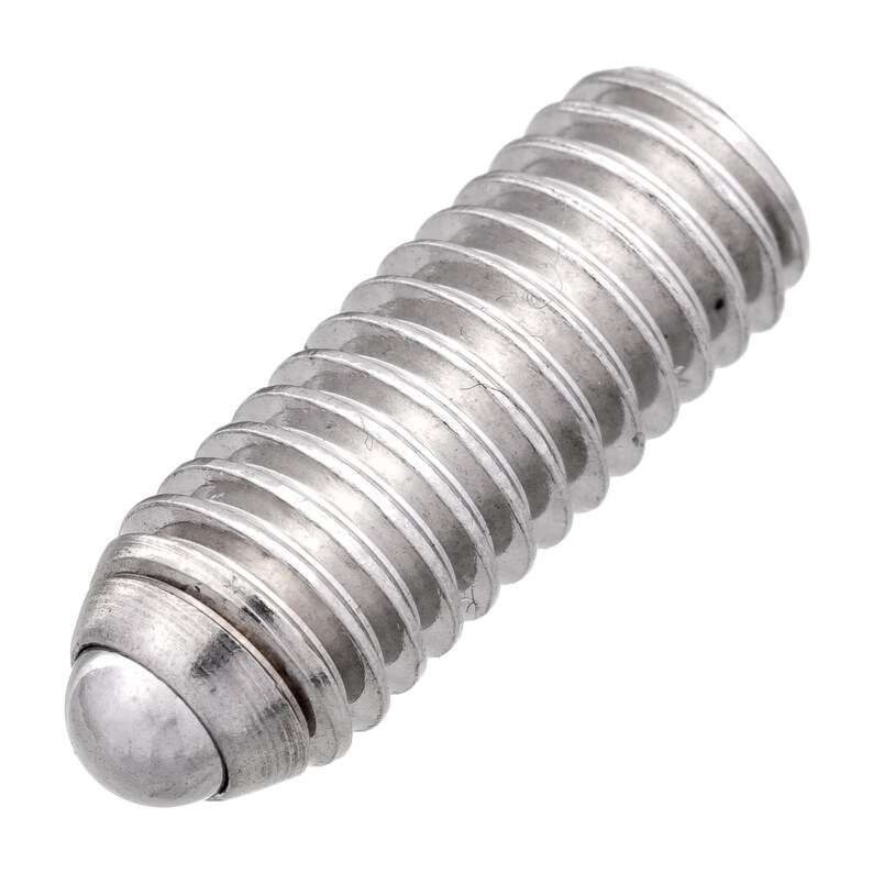 May include: A silver-toned, threaded, spring-loaded ball plunger. The plunger has a rounded head and a threaded body.