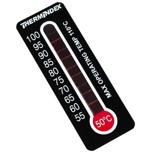 May include: Black and white thermometer sticker with the text "THERMINDEX" and "MAX OPERATING TEMP 110&deg;C". The thermometer shows a red indicator at 50&deg;C.