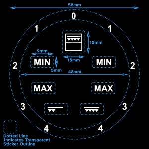 Può includere: Un diagramma che mostra il posizionamento di un adesivo su un oggetto rotondo. L'adesivo è largo 10 mm e alto 10 mm. L'adesivo ha uno sfondo bianco con un contorno nero e una linea ondulata nera nella parte superiore. Il diagramma mostra l'adesivo posizionato nella parte superiore dell'oggetto, con il testo "MIN" su entrambi i lati dell'adesivo. Il diagramma mostra anche l'adesivo posizionato nella parte inferiore dell'oggetto, con il testo "MAX" su entrambi i lati dell'adesivo. Il diagramma include misure in millimetri.