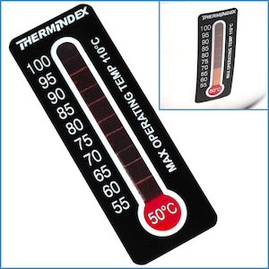 May include: Black and white thermometer sticker with the text "THERMINDEX" and "MAX OPERATING TEMP 110&deg;C". The thermometer shows a red indicator at 50&deg;C.