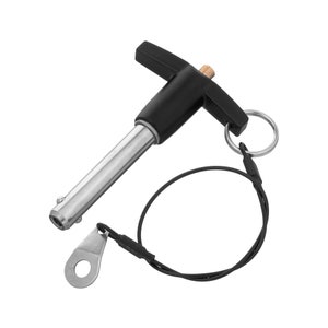 May include: A black and silver T-handle pin with a black cord and a ring attached. The pin is used for securing items.