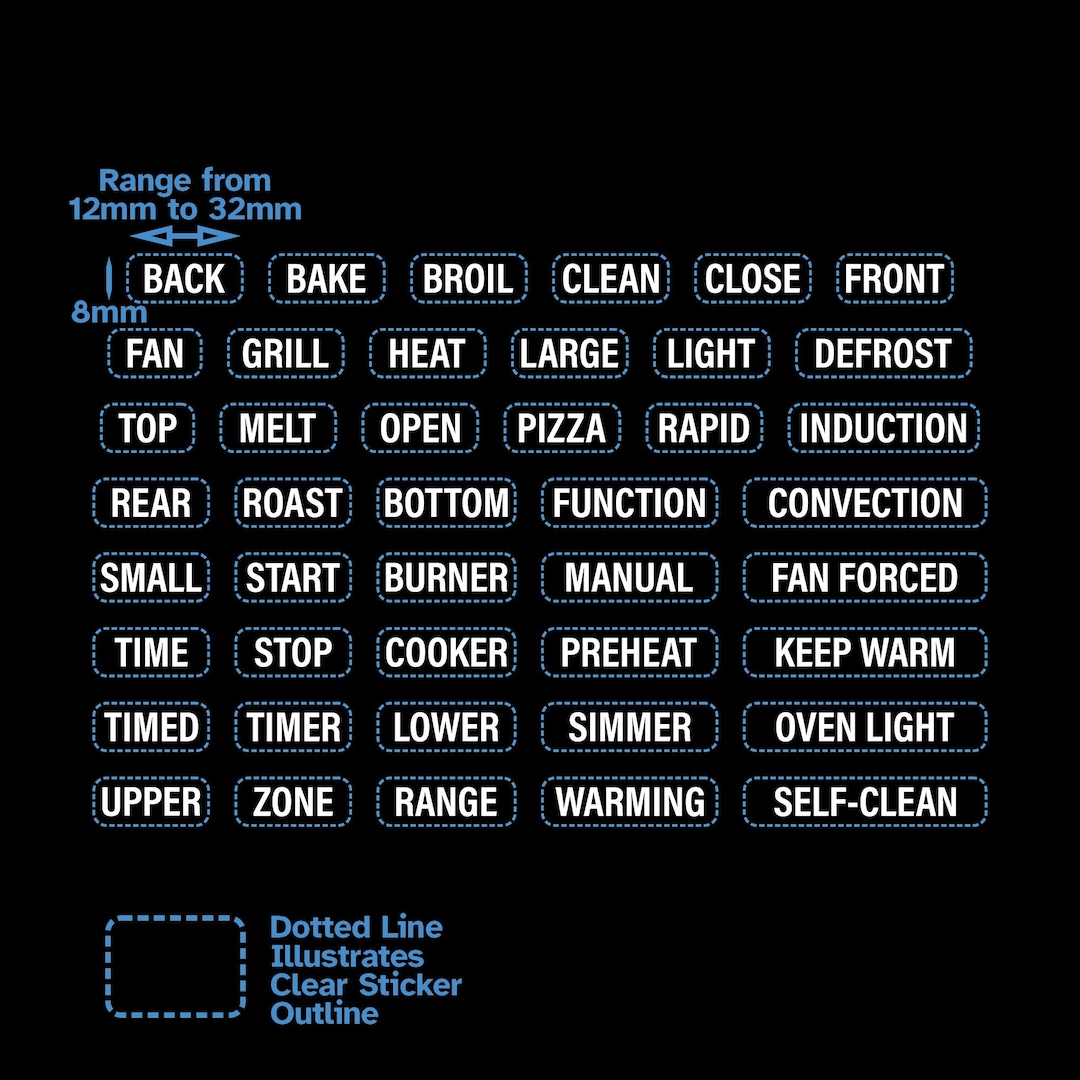 White Text Lettering Operational Functions Oven Stove Label Stickers ...