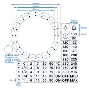 Texte noir sur fond transparent, 60 degrés Celsius, deux anneaux séparés, 45 mm 52 mm, cadran pour four 60 120, minuterie, contrôle de la température, bouton supérieur de la plaque de cuisson, autocollant, autocollants pour poêle