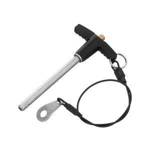 May include: A black and silver T-handle pin with a black cord and a metal ring. The pin has a black plastic handle with a textured grip and a silver metal shaft. The cord is attached to the handle with a black plastic clip. The ring is attached to the cord with a black plastic clip.