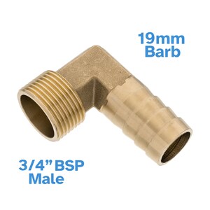 May include: A brass 90-degree elbow fitting with a 3/4" BSP male thread and a 19mm barb. The fitting is designed for plumbing applications and features a threaded end for secure connection.