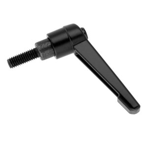 以下が含まれることがあります： 金属製のねじ付きシャフトが付いた黒いプラスチック製のレバーハンドル。ハンドルは、物体を締めたり緩めたりするために設計されています。
