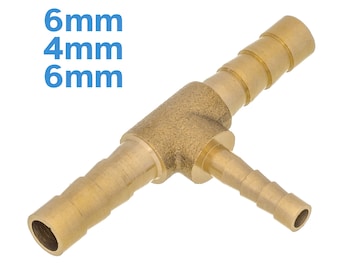 6mm - 4mm - 6mm Brass Tee Pipe Fitting Three Way Splitter Barbed Tubing Connector Reducing Hose Barb Tail Tapered Thread T Coupler Adapter