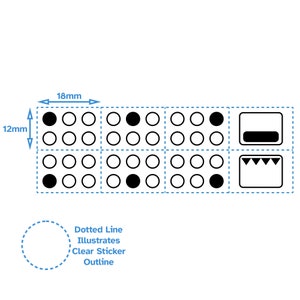 May include: A black and white sticker sheet with a grid of 24 circles, 6 of which are filled in black. The sheet also includes a black and white illustration of a stove with a burner and oven. The sheet measures 18 mm by 12 mm. A dotted line illustrates the outline of the sticker sheet.