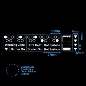 Étiquettes autocollantes blanches imprimées pour 5 plaques de cuisson avec fond transparent – Symboles de commutateur de bouton de cadran, autocollants de four, cuisinière à gaz de remplacement