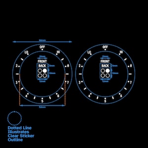 Op de afbeelding: Een diagram dat de afmetingen van een ronde sticker met een blauwe omtrek en witte tekst laat zien. De sticker heeft een diameter van 68 mm en heeft de woorden "FRONT" en "BACK" erop gedrukt. De sticker is ontworpen om op een product te worden geplaatst, zoals een fles of een pot.