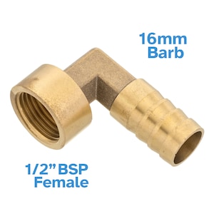 Può includere: Raccordo a gomito in ottone da 1/2 pollice BSP femmina a 16 mm barb. Il raccordo è in ottone e ha una filettatura femmina BSP da 1/2 pollice su un'estremità e un barb da 16 mm sull'altra estremità.
