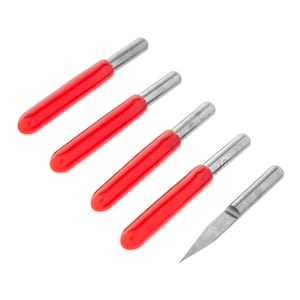 May include: Five red and silver rotary tools with a pointed tip. The tools are arranged in a row, with the red handles facing the viewer.
