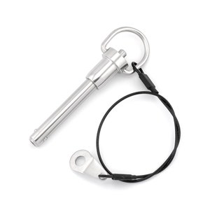 May include: A silver-colored quick release pin with a ring handle and a black lanyard. The pin has a cylindrical body and a small button on the side. The lanyard is attached to a small, flat metal piece.