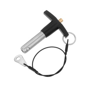 May include: A black and silver quick release pin with a black T-shaped handle and a black cord with a metal ring.