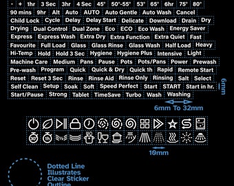 Combination 120pcs Dishwasher White Lettering Text Function Symbols Self Adhesive Control Panel Label Clear Label Button Sticker Decal Front
