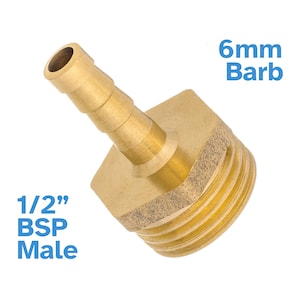 Può includere: Raccordo per tubo in ottone da 1/2 pollice BSP maschio a barb 6 mm. Il raccordo è in ottone e ha una filettatura maschio BSP da 1/2 pollice su un'estremità e un barb da 6 mm sull'altra estremità.