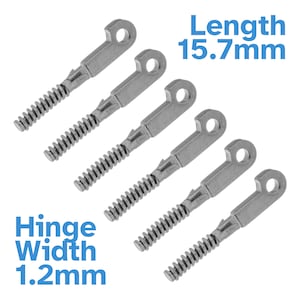 May include: Six silver-colored metal hinge pins with a threaded screw end and a flat eyelet top. The components have a length of 15.7mm and a hinge width of 1.2mm as indicated by the text. These hardware pieces feature a metallic finish.