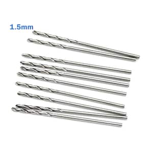 May include: A set of ten silver drill bits, each measuring 1.5 mm in diameter. The drill bits are arranged in a row, with the tips pointing to the right.