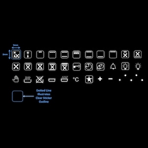 May include: A black and white image of oven control panel icons. The icons include a variety of symbols such as a star, a clock, a light bulb, a hand, a key, a plus sign, a minus sign, and a cross. The icons are arranged in a grid pattern. The text "Dotted Line Illustrates Clear Sticker Outline" is also included in the image.
