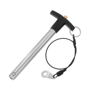 May include: A silver metal pin with a black T-shaped handle and a black cord with a metal loop. The pin is used for securing objects.