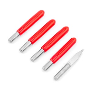 May include: Five carving tools with red handles and silver blades, and one silver-coloured carving tool with a pointed tip.