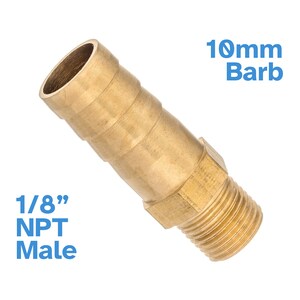 Könnte beinhalten: Messing-Schlauchanschluss 1/8" NPT-Männchen zu 10 mm Barb. Der Anschluss ist aus Messing und hat an einem Ende ein 1/8" NPT-Männchengewinde und am anderen Ende einen 10 mm Barb.