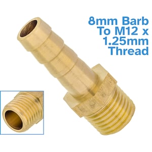 Könnte beinhalten: Messing-Schlauchanschluss mit 8 mm Barb zu M12 x 1,25 mm Gewinde. Der Anschluss hat ein Gewindeende und ein Barb-Ende zum Anschließen von Schläuchen.